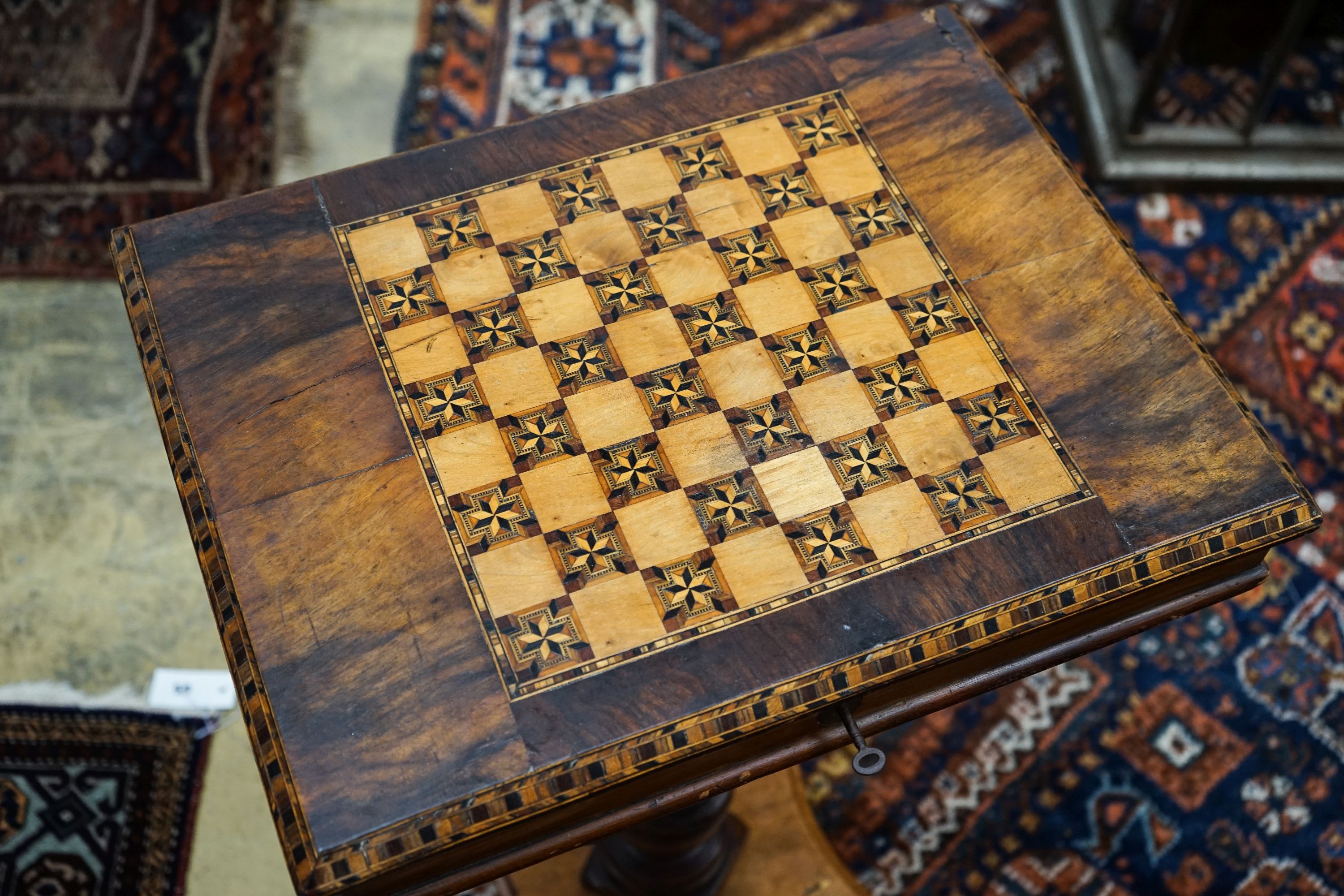 A Victorian parquetry inlaid walnut games / work table, width 48cm, depth 37cm, height 70cm